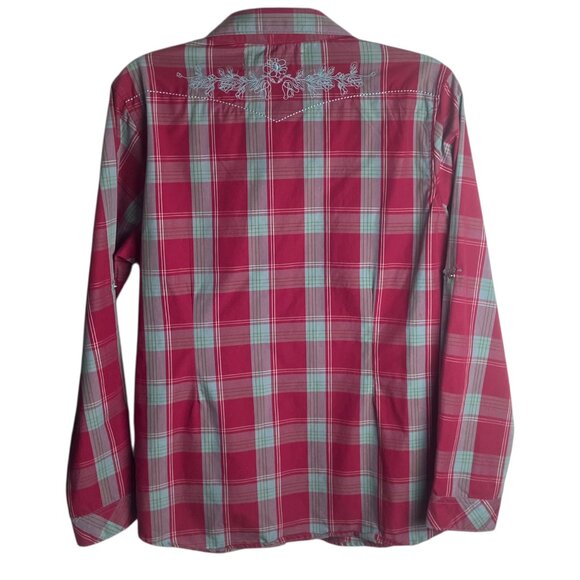 Bit and Bridle Women's Size L Pearl Snap Western Shirt Plaid Pink Embroidered - Picture 3 of 7